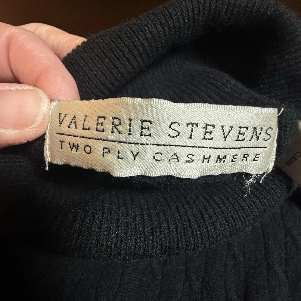 Valerie‎ Stevens Two Ply Cashmere Black Turtleneck Sweater Cable Knit Large VTG